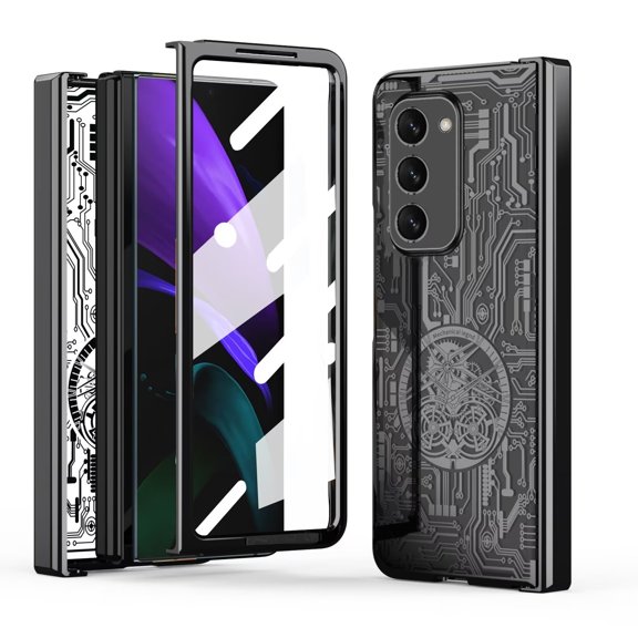 MonsDirect for 7.6 inch Samsung Galaxy Z Fold 2 5G 2020 Case, Mechainical Gear Clear Plating Frame Hard PC Back Shell With Screen Protector, Slim Folding Hinge Protection for Galaxy Z Fold 2, Black