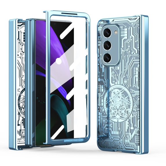 MonsDirect for 7.6 inch Samsung Galaxy Z Fold 2 5G 2020 Case, Mechainical Gear Clear Plating Frame Hard PC Back Shell With Screen Protector, Slim Folding Hinge Protection for Galaxy Z Fold 2, Blue