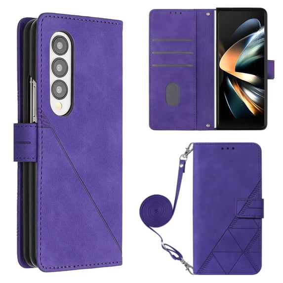 MonsDirect for 7.6 inch Samsung Galaxy Z Fold 3 2022 2021 Case, Slim Suede Leather Stand Folio Cover with Auto Sleep/Wake Card Slots & Hand Strap Anti-Fall Protective Case for Galaxy Z Fold 3, Purple