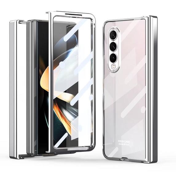 MonsDirect for 7.6 inch Samsung Galaxy Z Fold 3 5G 2021 Case, Clear Plating Frame Hard PC Back Shell With Screen Protector, Slim Anti-Drop Free Folding Hinge Protection for Galaxy Z Fold 3, Silver