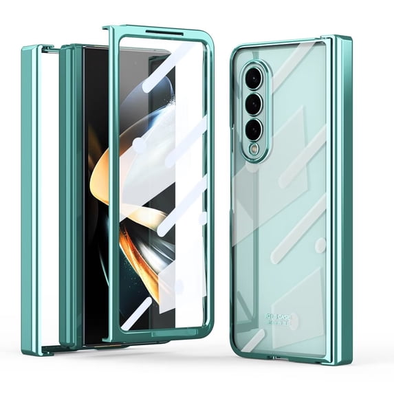 MonsDirect for 7.6 inch Samsung Galaxy Z Fold 3 5G 2021 Case, Clear Plating Frame Hard PC Back Shell With Screen Protector, Slim Anti-Drop Free Folding Hinge Protection for Galaxy Z Fold 3, Green