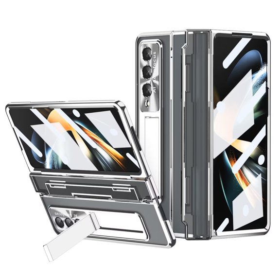 MonsDirect for 7.6 inch Samsung Galaxy Z Fold 3 5G 2021 Case, Clear Plating Frame Hard PC Case with Hidden Stand, Shockproof Cover Hinge Screen Protector & Lens Protection for Galaxy Z Fold 3, Silver