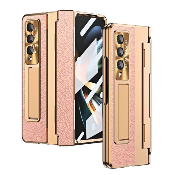 MonsDirect for 7.6 inch Samsung Galaxy Z Fold 3 5G 2021 Case, Leather Grain & PC Frame Case with Stand, Hinge & Hidden Bracket & Screen Protector & Lens Protection Frame for Galaxy Z Fold 3, Pink