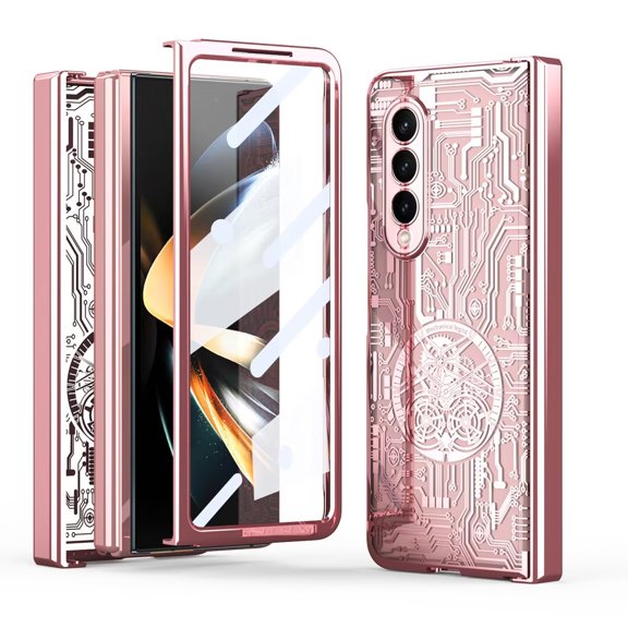 MonsDirect for 7.6 inch Samsung Galaxy Z Fold 3 5G 2021 Case, Mechainical Gear Clear Plating Frame Hard PC Back Shell With Screen Protector, Slim Folding Hinge Protection for Galaxy Z Fold 3, Pink