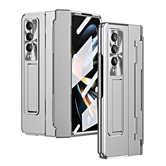 MonsDirect for 7.6 inch Samsung Galaxy Z Fold 3 5G 2021 Case, Plating Frame Hard PC Case with Hidden Stand, Shockproof Cover Hinge Screen Protector & Lens Protection Frame for Galaxy Z Fold 3, Silver