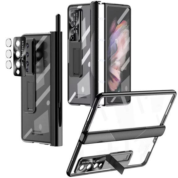 MonsDirect for 7.6 inch Samsung Galaxy Z Fold 3 5G 2021 Case with S Pen & S Pen Holder, Two Hinge Protection Plating Frame PC Cover, Shell Membrane Integrated Case with Stand & Lens Protection, Black
