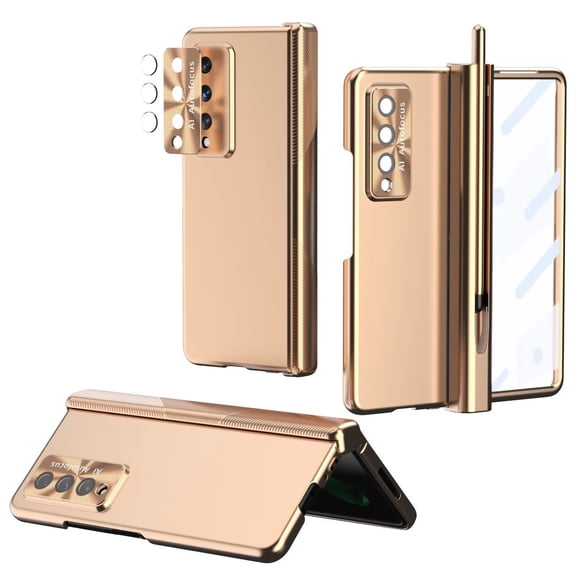 MonsDirect for 7.6 inch Samsung Galaxy Z Fold 3 5G 2021 Case with S Pen & S Pen Holder, Two Hinge Protection Plating Frame PC Cover, Shell Membrane Integrated Case with Stand & Lens Protection, Gold