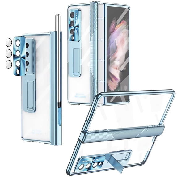 MonsDirect for 7.6 inch Samsung Galaxy Z Fold 3 5G 2021 Case with S Pen & S Pen Holder, Two Hinge Protection Plating Frame PC Cover, Shell Membrane Integrated Case with Stand & Lens Protection, Blue