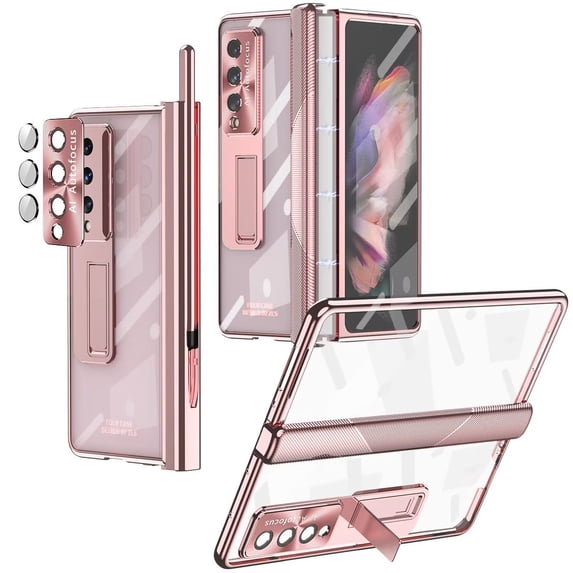MonsDirect for 7.6 inch Samsung Galaxy Z Fold 3 5G 2021 Case with S Pen & S Pen Holder, Two Hinge Protection Plating Frame PC Cover, Shell Membrane Integrated Case with Stand & Lens Protection, Pink