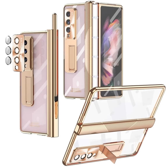 MonsDirect for 7.6 inch Samsung Galaxy Z Fold 3 5G 2021 Case with S Pen & S Pen Holder, Two Hinge Protection Plating Frame PC Cover, Shell Membrane Integrated Case with Stand & Lens Protection, Gold