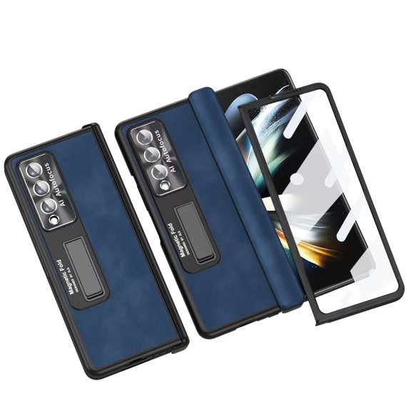 MonsDirect for 7.6 inch Samsung Galaxy Z Fold 3 5G 2021 Case, Soft Leather & PC Frame Case with Magnetic Hinge & Hidden Bracket, Screen Protector & Lens Protection Frame for Galaxy Z Fold 3, Blue