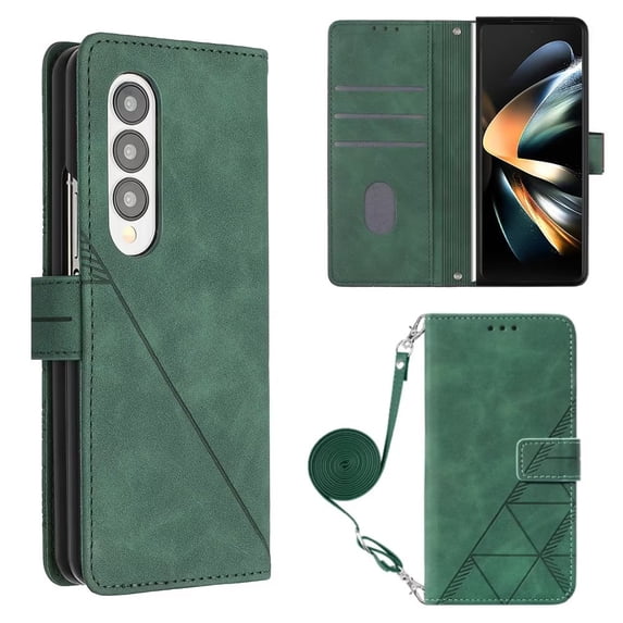 MonsDirect for 7.6 inch Samsung Galaxy Z Fold 4 2022 Case, Slim Suede Leather Stand Folio Cover with Auto Sleep/Wake Card Slots & Hand Strap Anti-Fall Protective Case for Galaxy Z Fold 4, Green