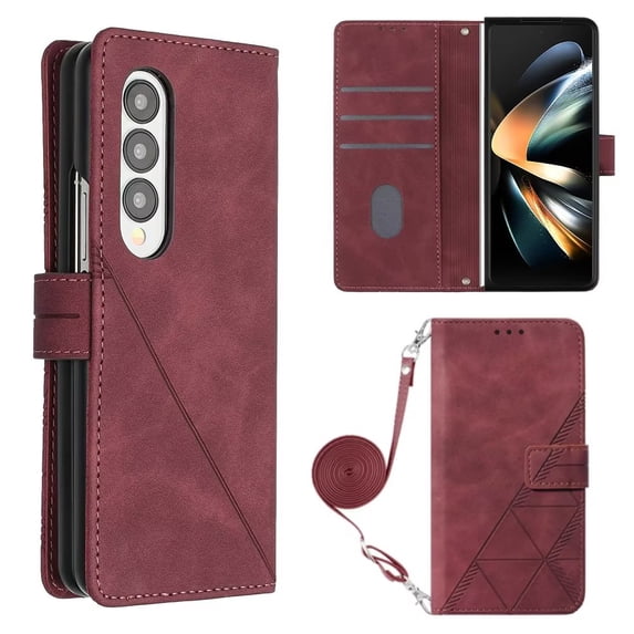 MonsDirect for 7.6 inch Samsung Galaxy Z Fold 4 2022 Case, Slim Suede Leather Stand Folio Cover with Auto Sleep/Wake Card Slots & Hand Strap Anti-Fall Protective Case for Galaxy Z Fold 4, Red