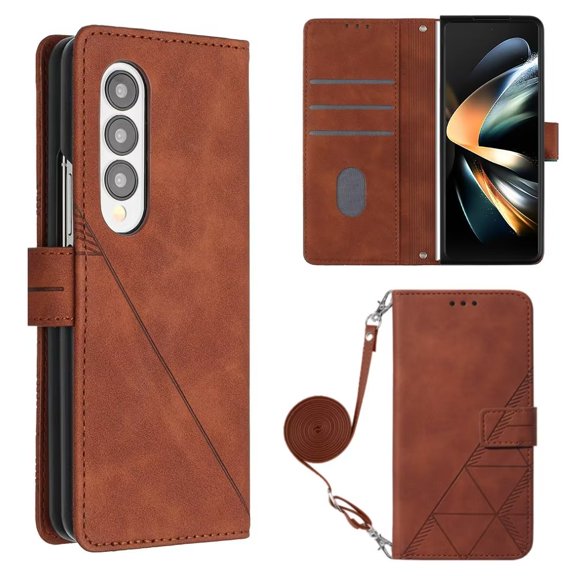 MonsDirect for 7.6 inch Samsung Galaxy Z Fold 4 2022 Case, Slim Suede Leather Stand Folio Cover with Auto Sleep/Wake Card Slots & Hand Strap Anti-Fall Protective Case for Galaxy Z Fold 4, Brown
