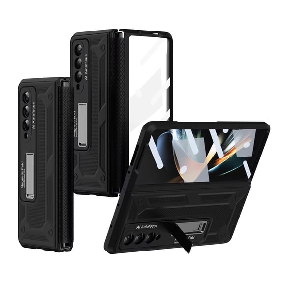 MonsDirect for 7.6 inch Samsung Galaxy Z Fold 4 5G 2022 Case, Anti-Fall Shockproof Hard PC Back Shell with Kickstand, Shell Membrane Integrated & Soft TPU Retractable Hinge for Galaxy Z Fold 4, Black