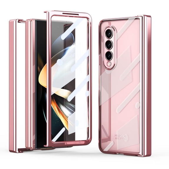 MonsDirect for 7.6 inch Samsung Galaxy Z Fold 4 5G 2022 Case, Clear Plating Frame Hard PC Back Shell With Screen Protector, Slim Anti-Drop Free Folding Hinge Protection for Galaxy Z Fold 4, Pink