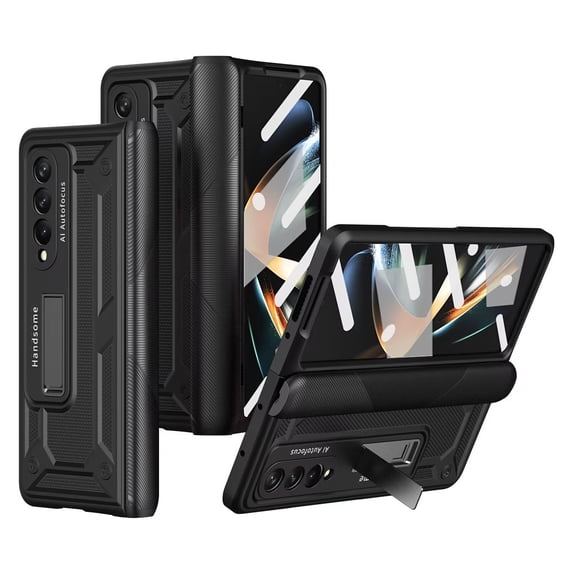 MonsDirect for 7.6 inch Samsung Galaxy Z Fold 4 5G 2022 Case, Hard PC Case with Hidden Stand, Anti-Drop Free Folding Hinge Cover with Screen Protector & Lens Protection for Galaxy Z Fold 4, Black