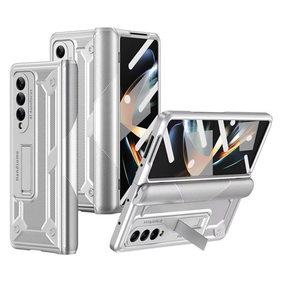 MonsDirect for 7.6 inch Samsung Galaxy Z Fold 4 5G 2022 Case, Hard PC Case with Hidden Stand, Anti-Drop Free Folding Hinge Cover with Screen Protector & Lens Protection for Galaxy Z Fold 4, Silver