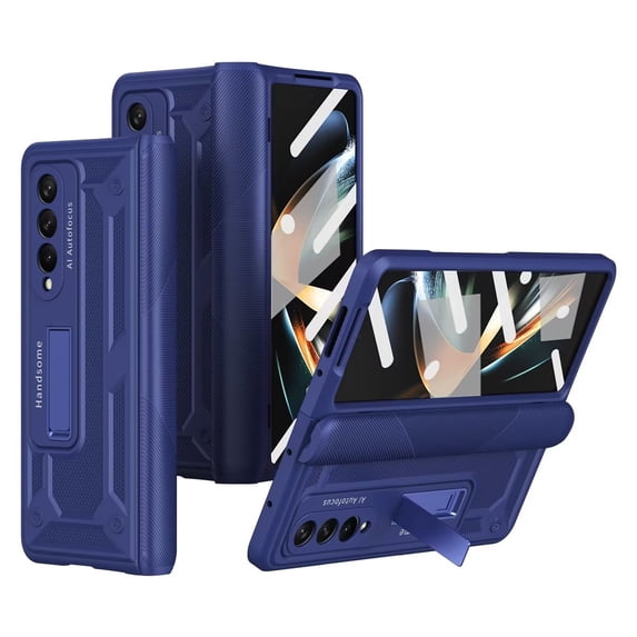 MonsDirect for 7.6 inch Samsung Galaxy Z Fold 4 5G 2022 Case, Hard PC Case with Hidden Stand, Anti-Drop Free Folding Hinge Cover with Screen Protector & Lens Protection for Galaxy Z Fold 4, Blue