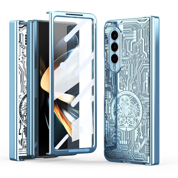 MonsDirect for 7.6 inch Samsung Galaxy Z Fold 4 5G 2022 Case, Mechainical Gear Clear Plating Frame Hard PC Back Shell With Screen Protector, Slim Folding Hinge Protection for Galaxy Z Fold 4, Blue