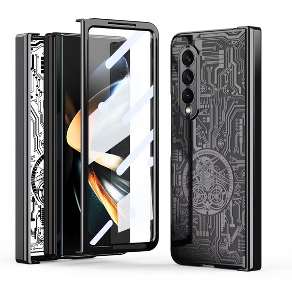 MonsDirect for 7.6 inch Samsung Galaxy Z Fold 4 5G 2022 Case, Mechainical Gear Clear Plating Frame Hard PC Back Shell With Screen Protector, Slim Folding Hinge Protection for Galaxy Z Fold 4, Black