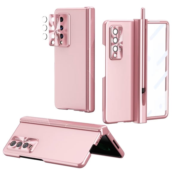 MonsDirect for 7.6 inch Samsung Galaxy Z Fold 4 5G 2022 Case with S Pen & S Pen Holder, Two Hinge Protection Plating Frame PC Cover, Shell Membrane Integrated Case with Stand & Lens Protection, Pink
