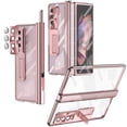 thumbnail image 1 of MonsDirect for 7.6 inch Samsung Galaxy Z Fold 4 5G 2022 Case with S Pen & S Pen Holder, Two Hinge Protection Plating Frame PC Cover, Shell Membrane Integrated Case with Stand & Lens Protection, Pink, 1 of 7