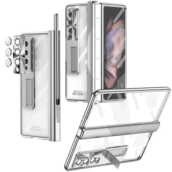 MonsDirect for 7.6 inch Samsung Galaxy Z Fold 4 5G 2022 Case with S Pen & S Pen Holder, Two Hinge Protection Plating Frame PC Cover, Shell Membrane Integrated Case with Stand & Lens Protection, Silver