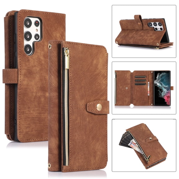 MonsDirect Case Compatible with Samsung S21 S22 S23 FE S24 Ultra Plus Note 20, 2024 2023 2022 2021 2020 Case PU Leather Full Body Wallet Case with Zipper, Shoulder Strap Case