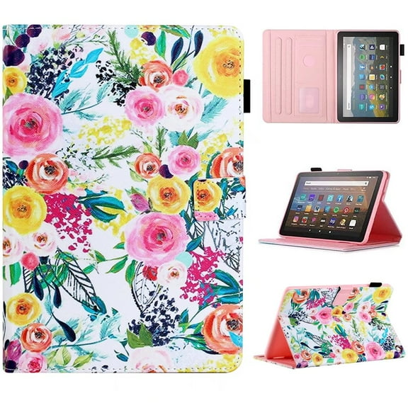 MonsDirect for Fire HD 10 Tablet Case (2021 Release 11th Generation) & Fire HD 10 Plus Tablet Case, Smart Auto Wake Sleep Folio Case Stand Protective Cover with Card Slot, Rose Flower