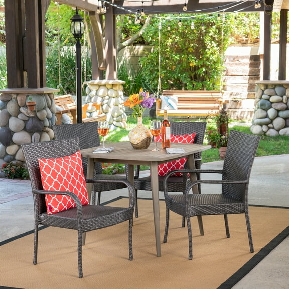 Monserrat Outdoor 5 Piece Acacia Wood and Wicker Dining Set, Gray, Gray