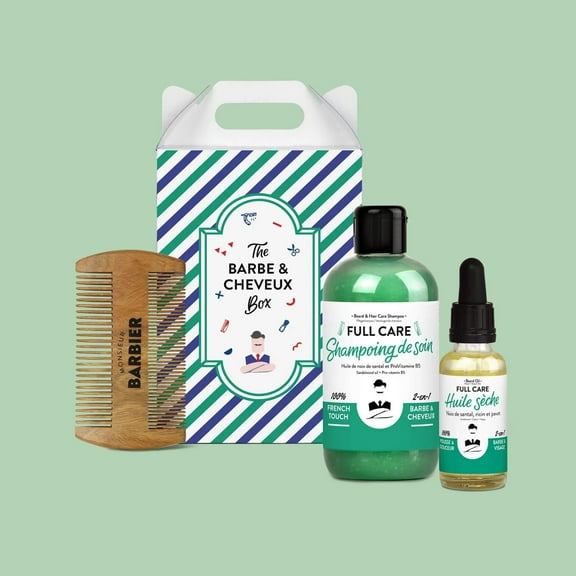 Monsieur Barbier Beard & Haire Care Set of 3 Men's Full Care THE BARBE & CHEVEUX BOX Shampoo, Oil, Comb Vegan Organic Daily Use