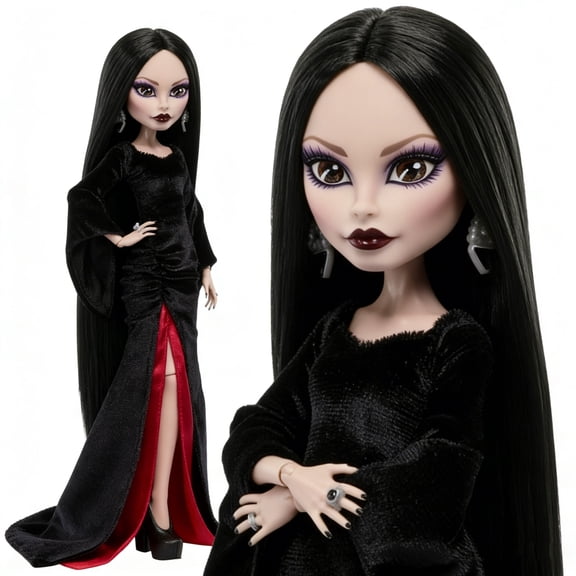 Monster Wednesday Doll, Morticia in Black and Crimson Velvet Dress , Show Inspired Heels and Doll Stand