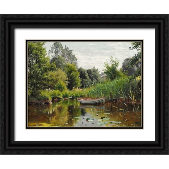 Monsted, Peder Mork 24x19 Black Ornate Wood Framed with Double Matting Museum Art Print Titled - A forest lake with a rowboat