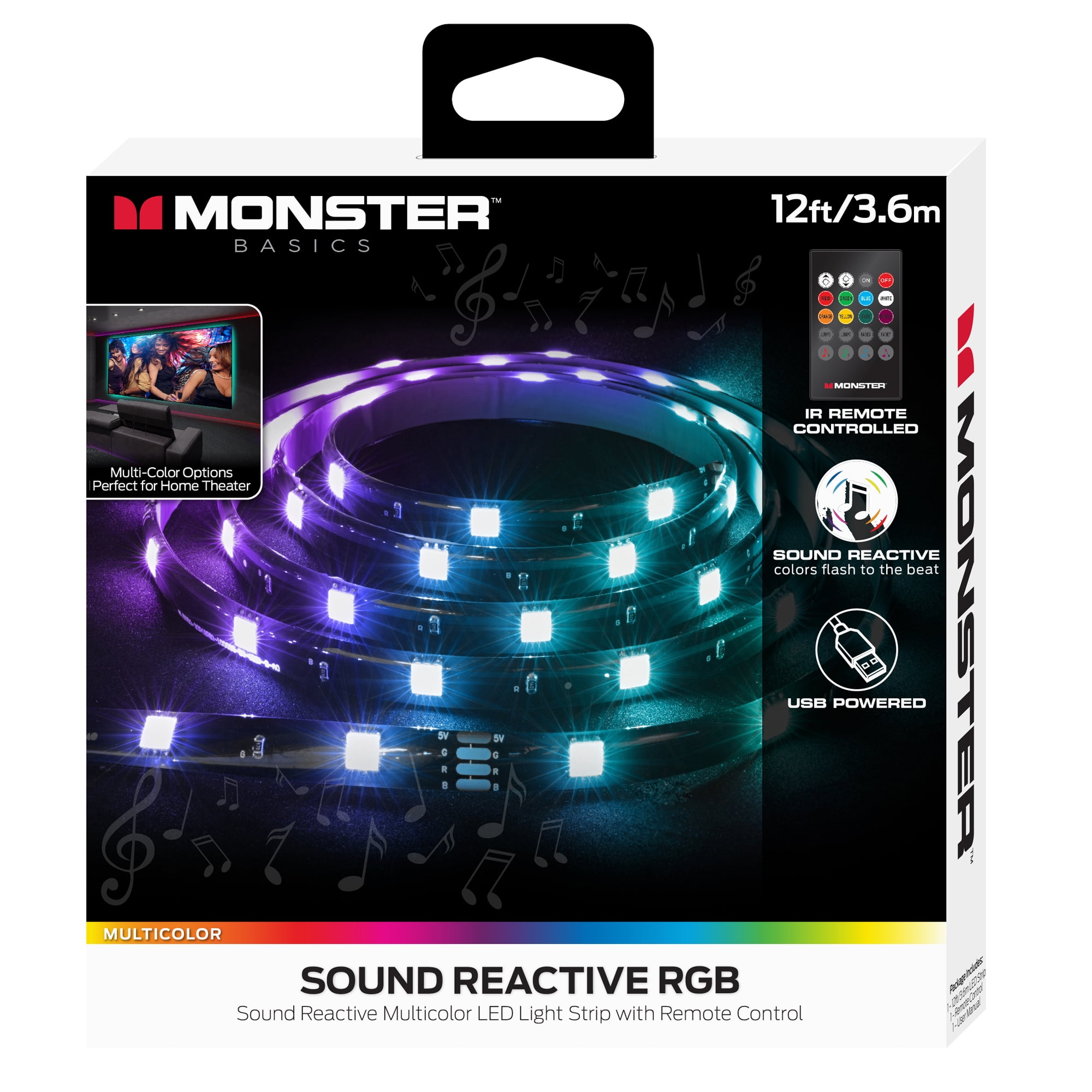 Monster 12ft Multi-Color Sound Reactive LED Light Strip with Remote Control, Indoor