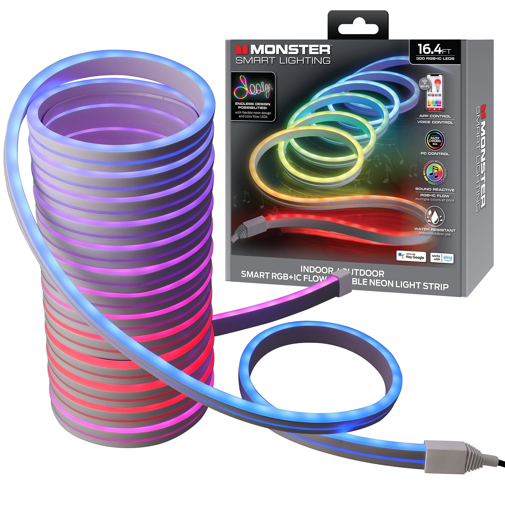 Monster 16.4ft Neon Flow Indoor/Outdoor Multi-Zone LED Light Strip, Create Unique Multicolor Lighting With App, Flexible, Waterproof, Works With Alexa/Google Assistant/Siri, Mounting Clips Included