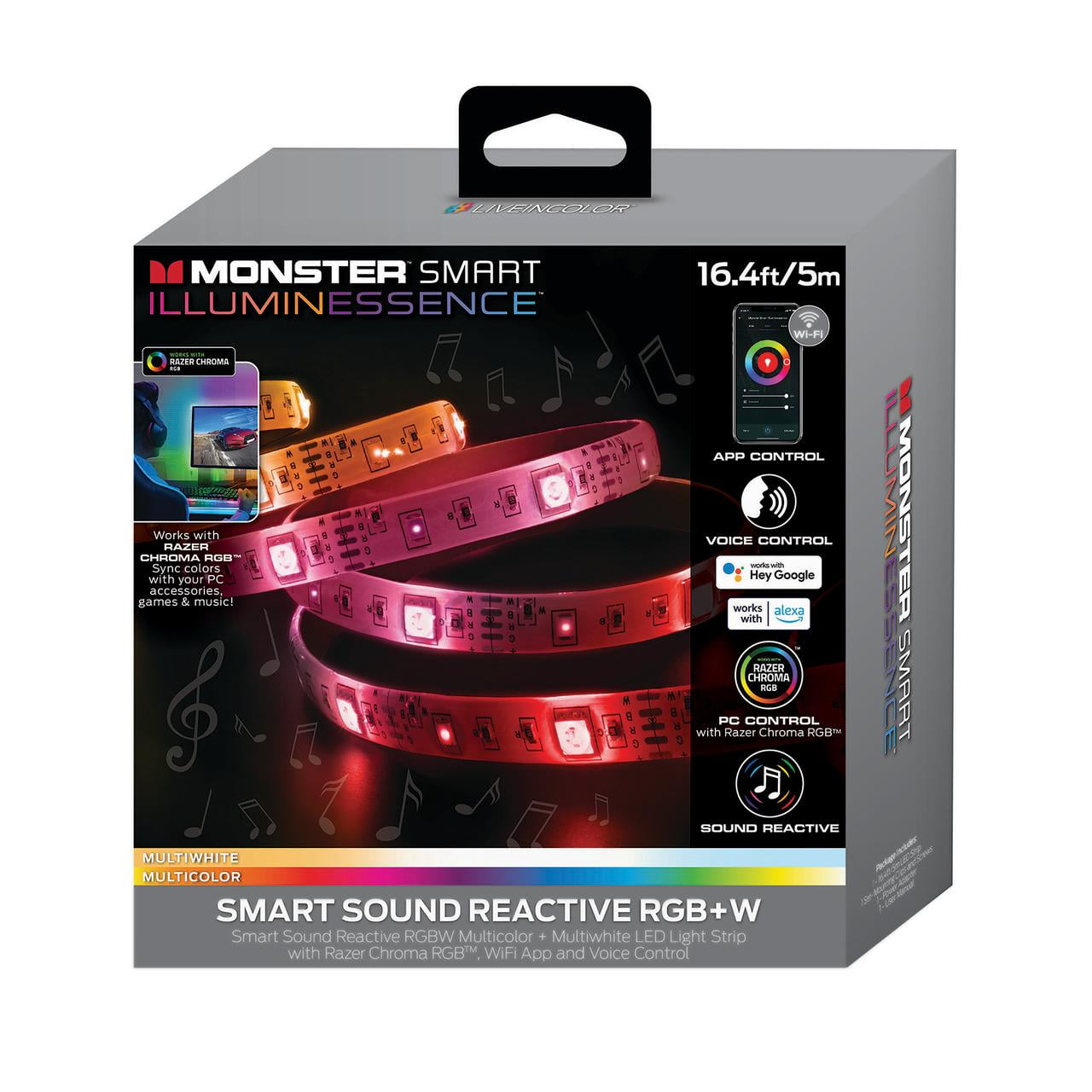 Monster 16.4ft RGB LED Light Strip, Smart Sound Reactive, Multi-Color ...