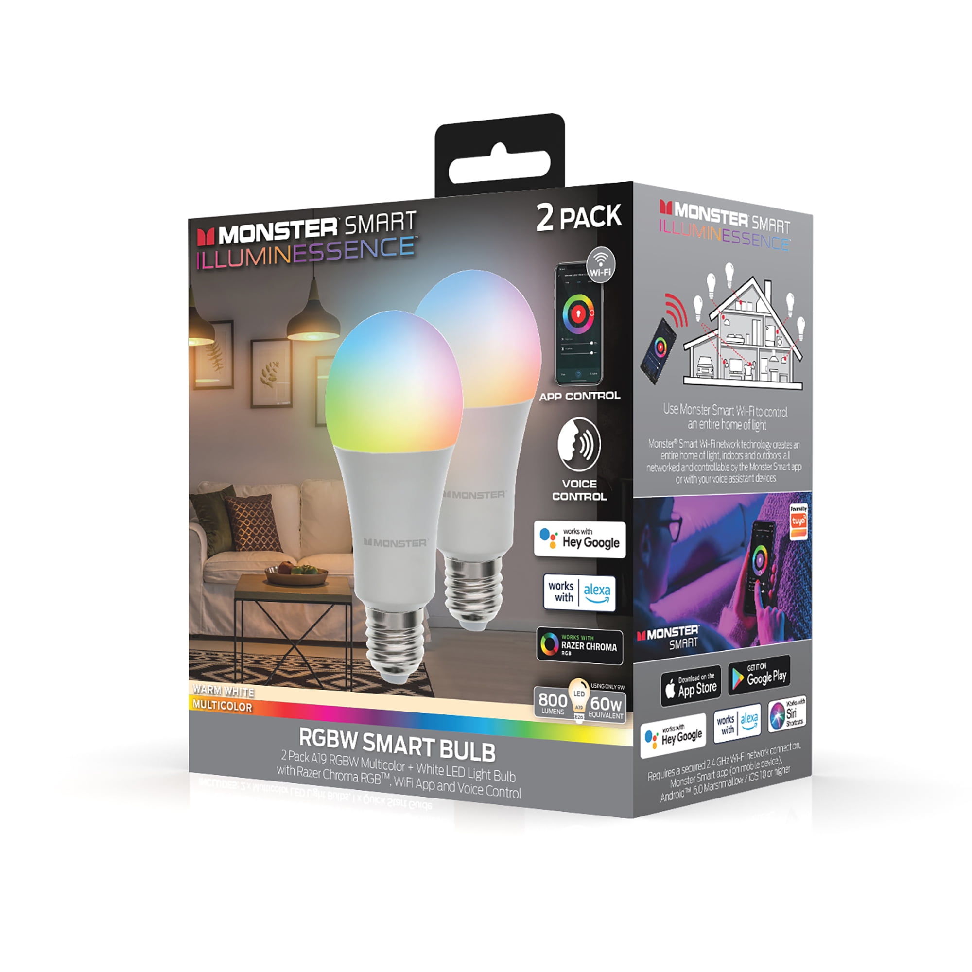 Monster 2-Pack Smart Wi-Fi App Multi-Color and Warm-White 60W LED Light Bulbs, E26, A19, 9 Watt