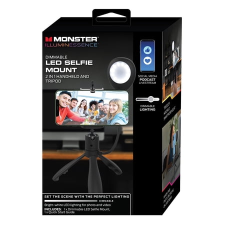 Monster 2-in-1 Dimmable Selfie Light Mount, Handheld or Fixed Tripod, 3 White Settings