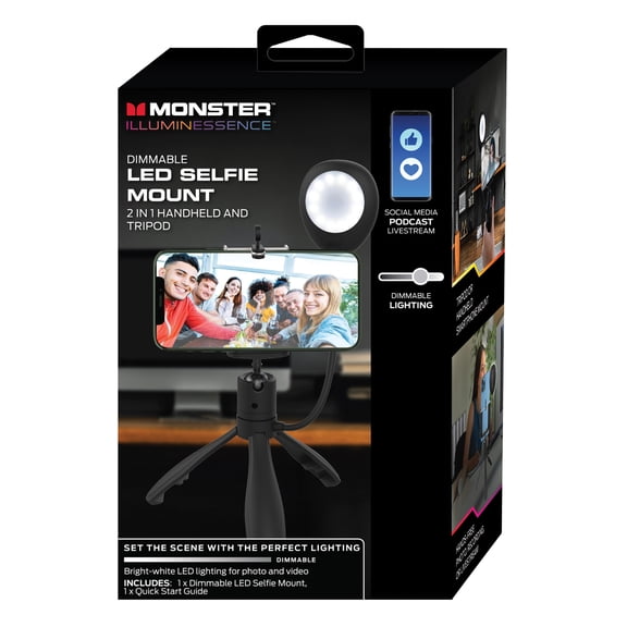 Monster 2-in-1 Dimmable Selfie Light Mount, Handheld or Fixed Tripod, 3 White Settings