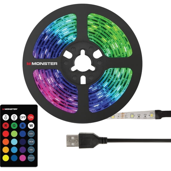 Monster 6.5ft Color-Changing LED Light Strip, Remote Control, USB-Powered, Easy Installation