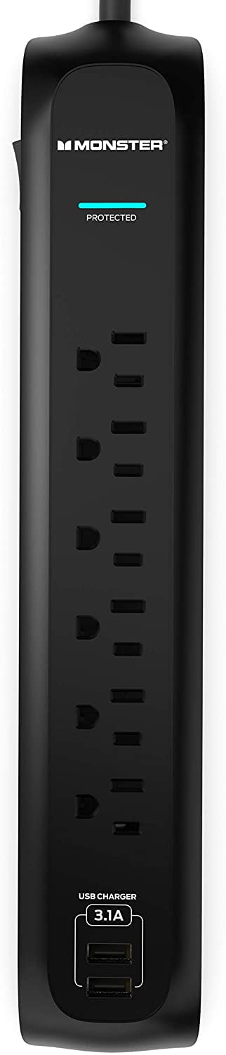Monster 6ft Black Heavy Duty Power Strip with 6 Outlets and USB Ports