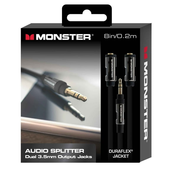 Monster 8-inch 3.5mm Audio Splitter to Dual Output Jacks Headset Adapter, Black