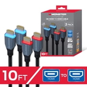 Monster 8K HDMI Cable 2 Pack 10 ft, Ultra High Speed HDMI 2.1 Cords with LED Illuminated Connectors, 48Gbps, 8K 60Hz & 4K 144Hz Gaming, HDR, Compatible with PS5, Xbox Series X, TVs, Monitors
