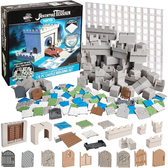 Monster Adventure Terrain- 128pc Painted Castle Expansion Set with Baseplate- Fully Modular and Stackable 3-D Tabletop World Builder Compatible with Dungeons Dragons, All RPG Game - Great Gift Idea
