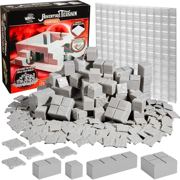 Monster Adventure Terrain - 173pc Paintable Core Building Set w Baseplate- Fully Modular & Stackable 3-D Tabletop World Builder Compatible w DND Dungeons Dragons, Pathfinder & All RPG Games