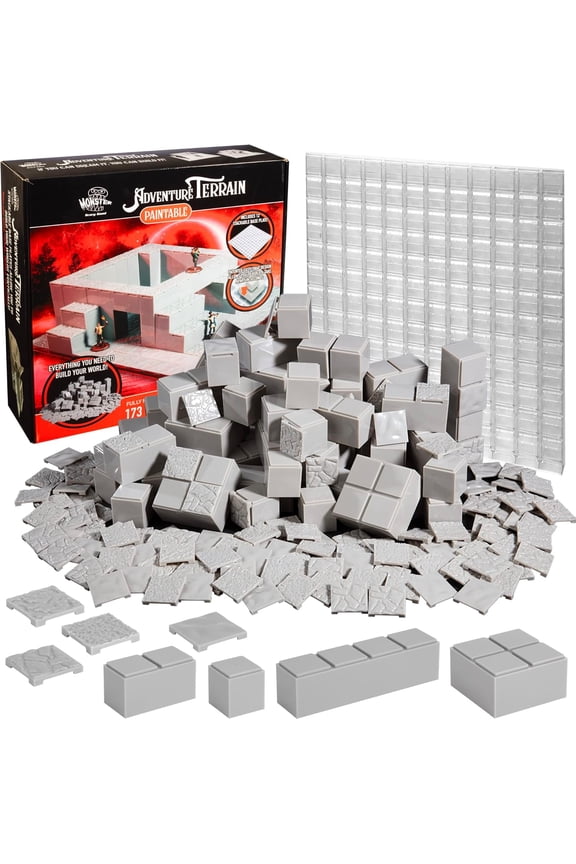 Monster Adventure Terrain - 173pc Paintable Core Building Set w Baseplate- Fully Modular & Stackable 3-D Tabletop World Builder Compatible w DND Dungeons Dragons, Pathfinder & All RPG Games