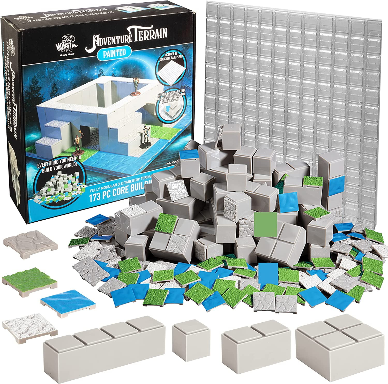 Monster Adventure Terrain - 173pc Painted Core Building Set w Baseplate - Fully Modular and Stackable 3-D Tabletop World Builder, Compatible with DND Dungeons Dragons, Pathfinder, RPG