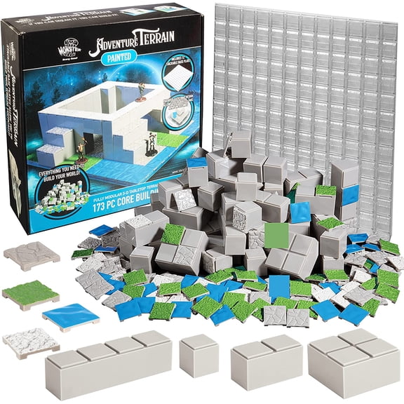 Monster Adventure Terrain - 173pc Painted Core Building Set w Baseplate - Fully Modular and Stackable 3-D Tabletop World Builder, Compatible with DND Dungeons Dragons, Pathfinder, RPG
