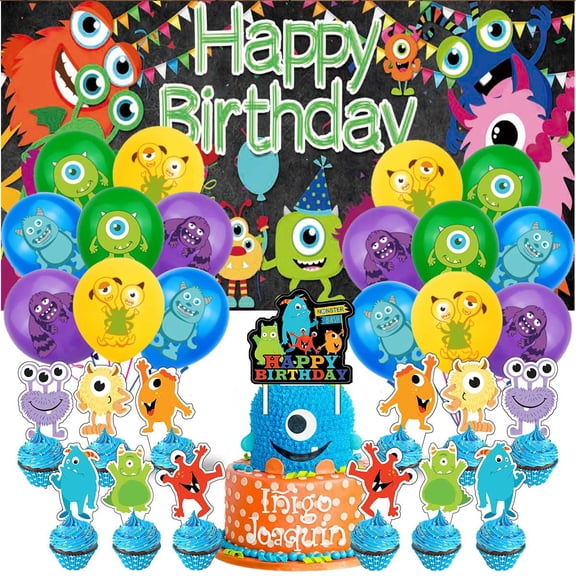 Monster Bash Themed Birthday Party Decor Set - Balloons, Paper Plates, Cake Toppers, Tableware & 5x2.3ft Backdrop Banner
